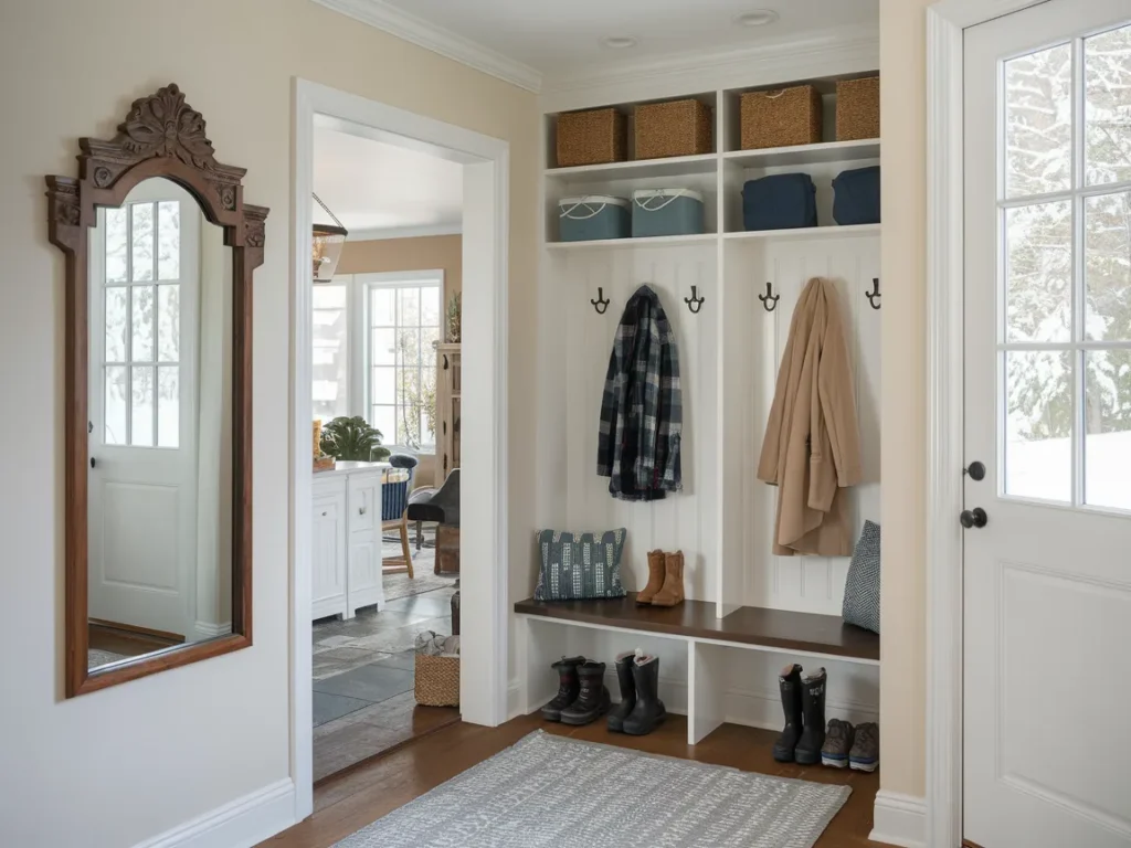 Winter mudroom with wall-mounted mirror near entry, 