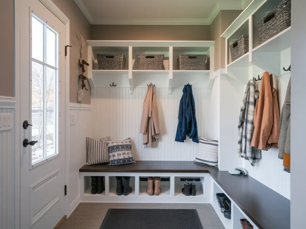 Winter mudroom with wall panels protecting entry walls,