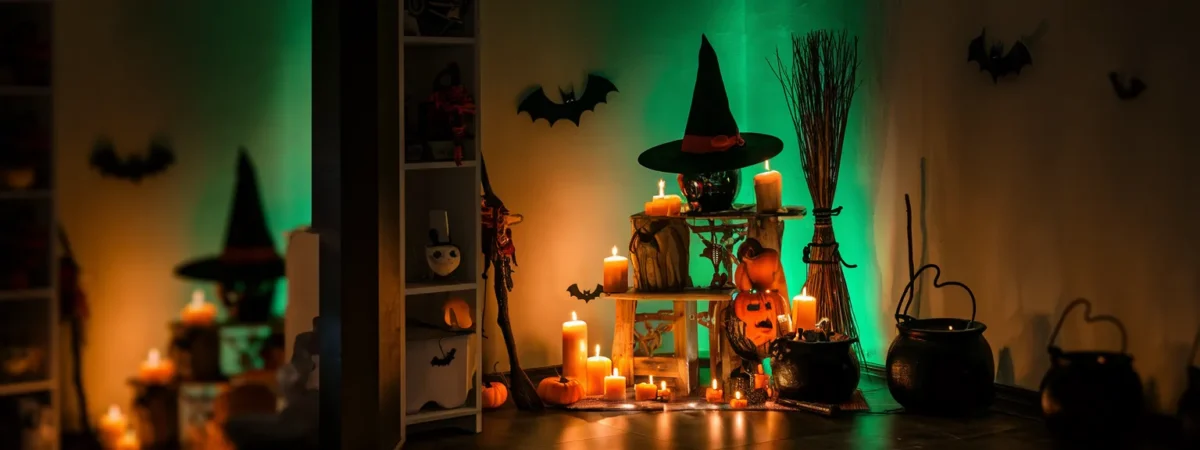 Witch corner display illuminated by green accent light and candles