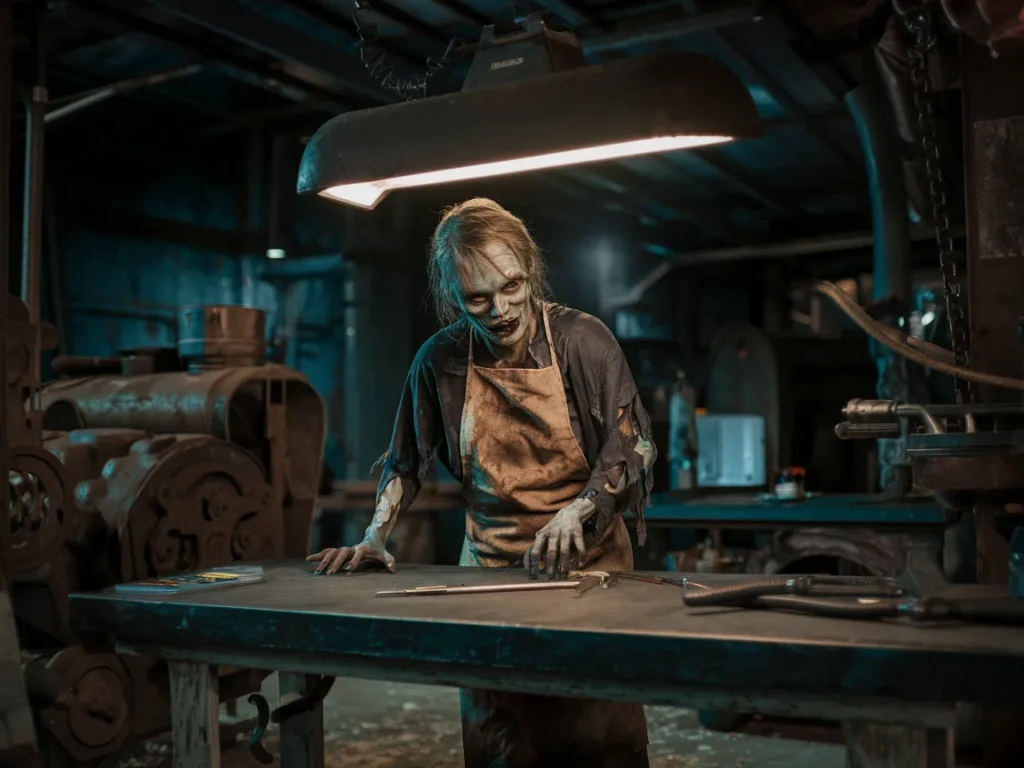 Zombie workshop scene inside garage