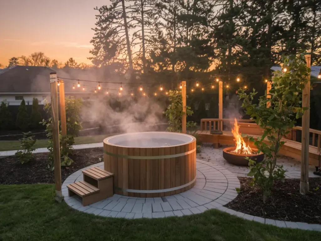 beautiful backyard scene showing a DIY wooden