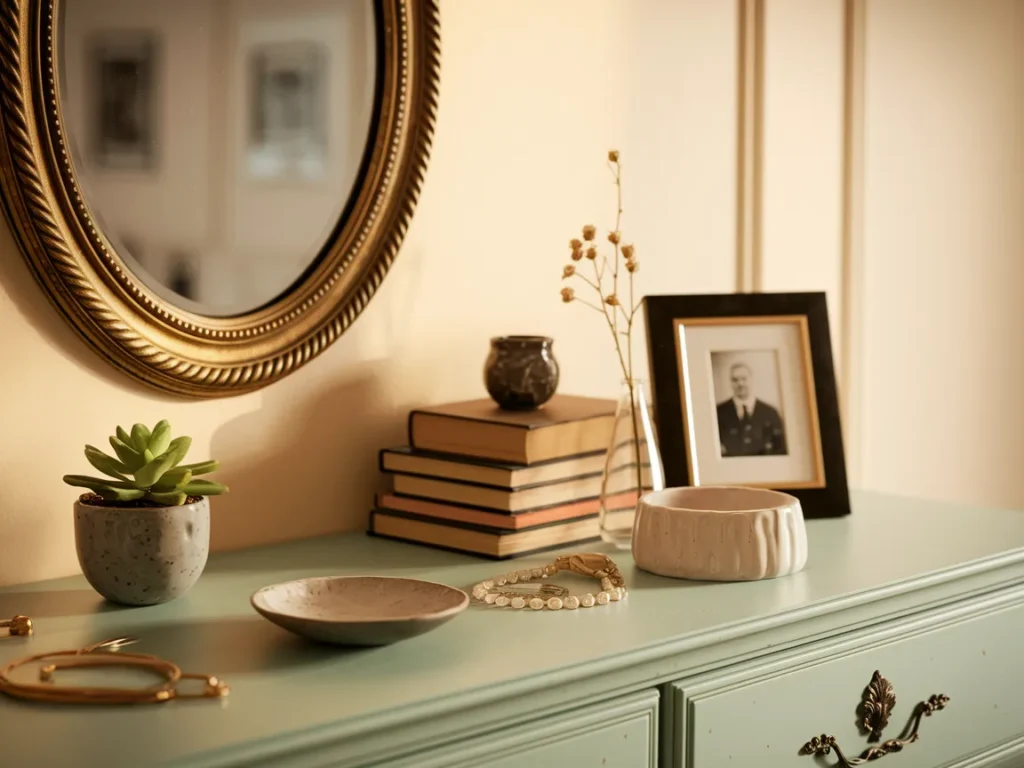 bedroom dresser top styled with personal items