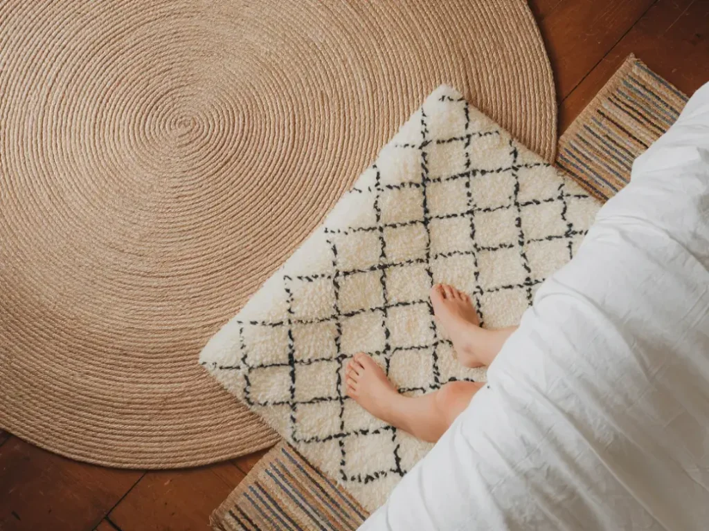 bedroom view from above showing a large natural jute