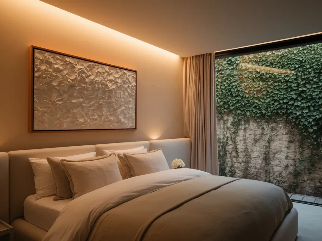 bedroom with minimal wall art above bed,