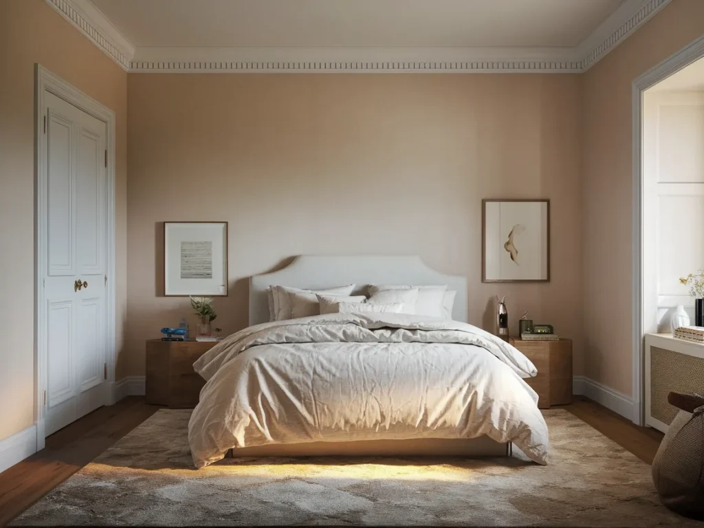 bedroom with soft beige walls and warm white trim