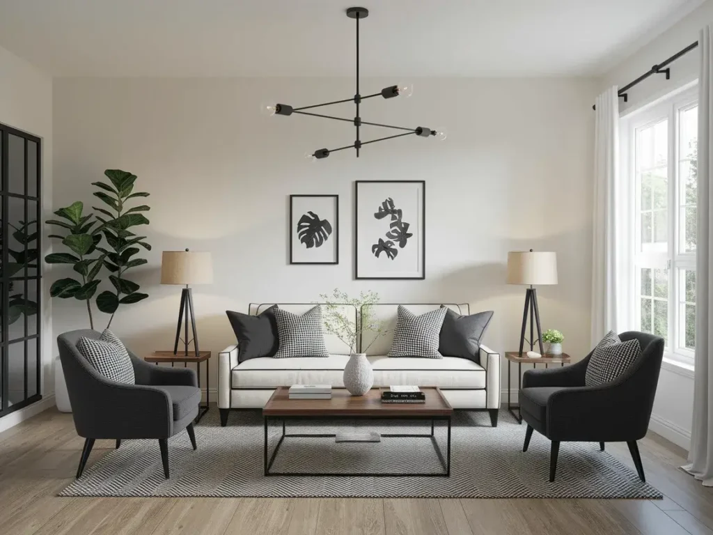 black and white living room with small black