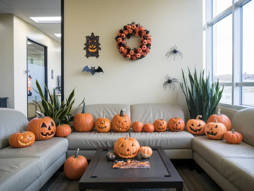 break room corner decorated for Halloween
