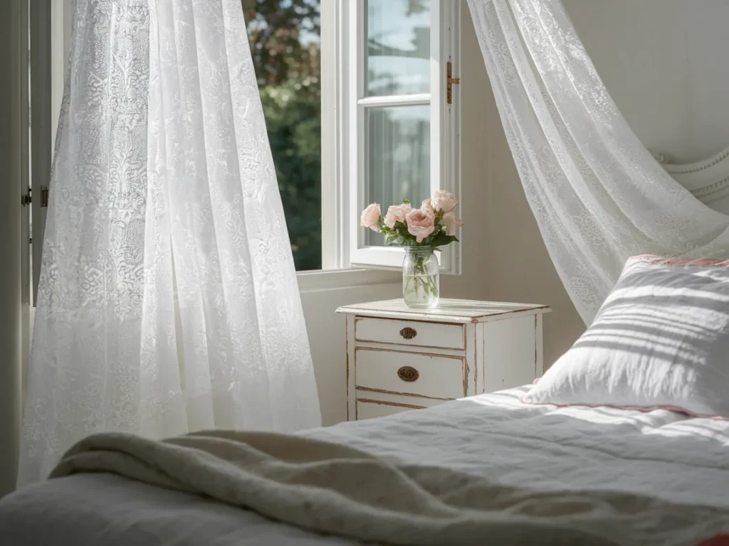 bright, airy bedroom with white lace curtains