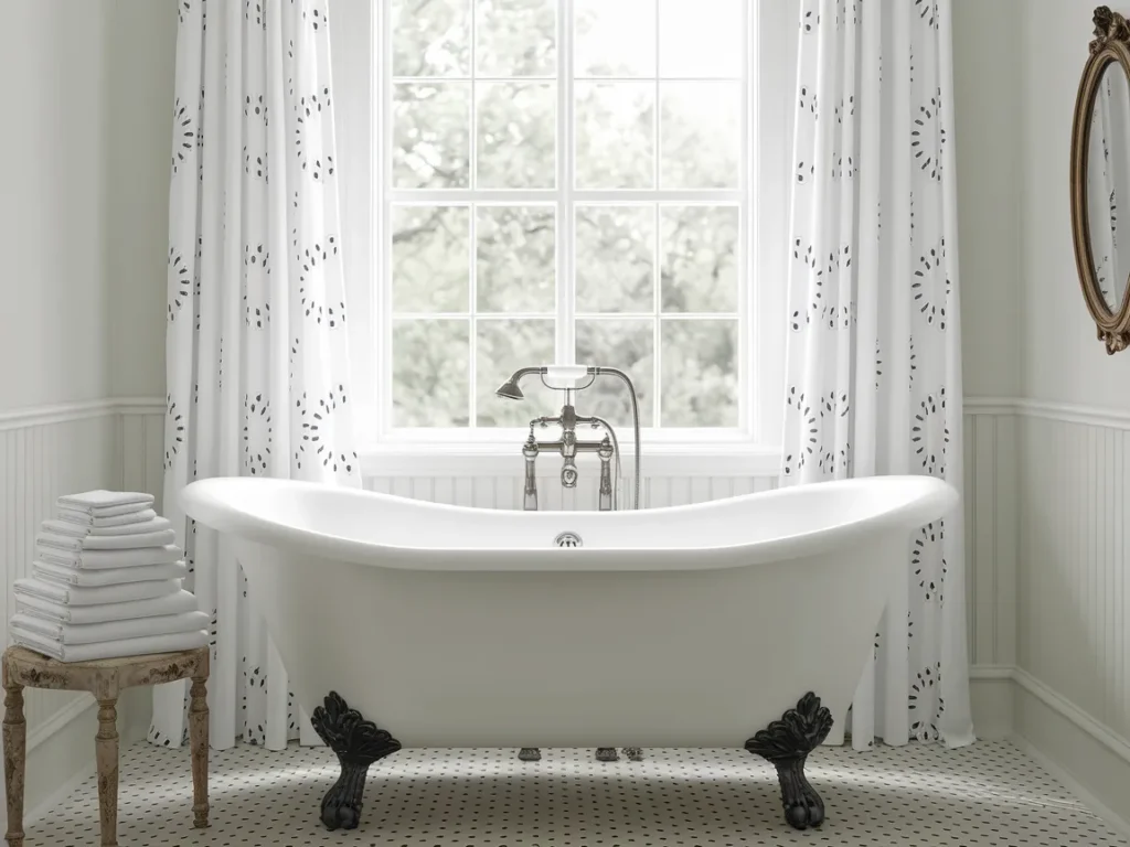 bright bathroom with white eyelet cotton curtains
