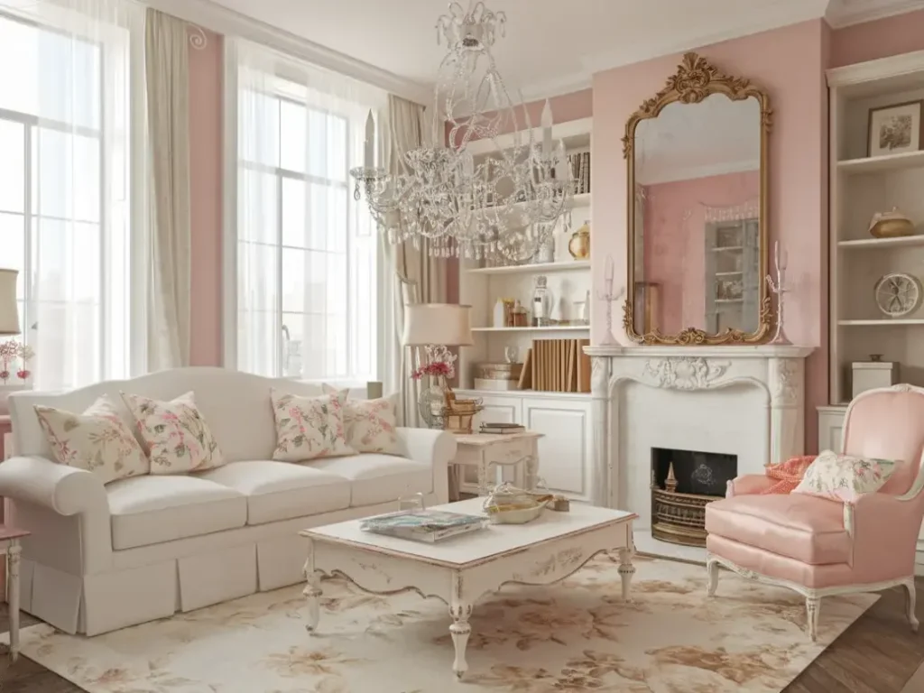 complete shabby chic living room design showing