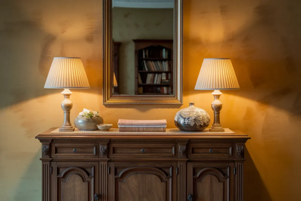 console with classic framed mirror above