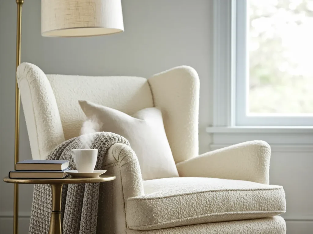 cozy bedroom reading nook with a cream boucle armchair