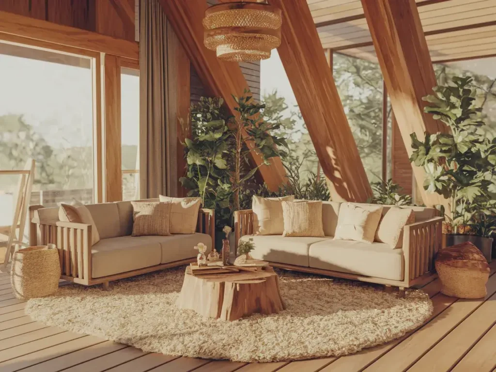 cozy living room with warm wood tones