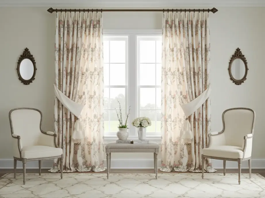 detailed view of shabby chic curtain styling showing
