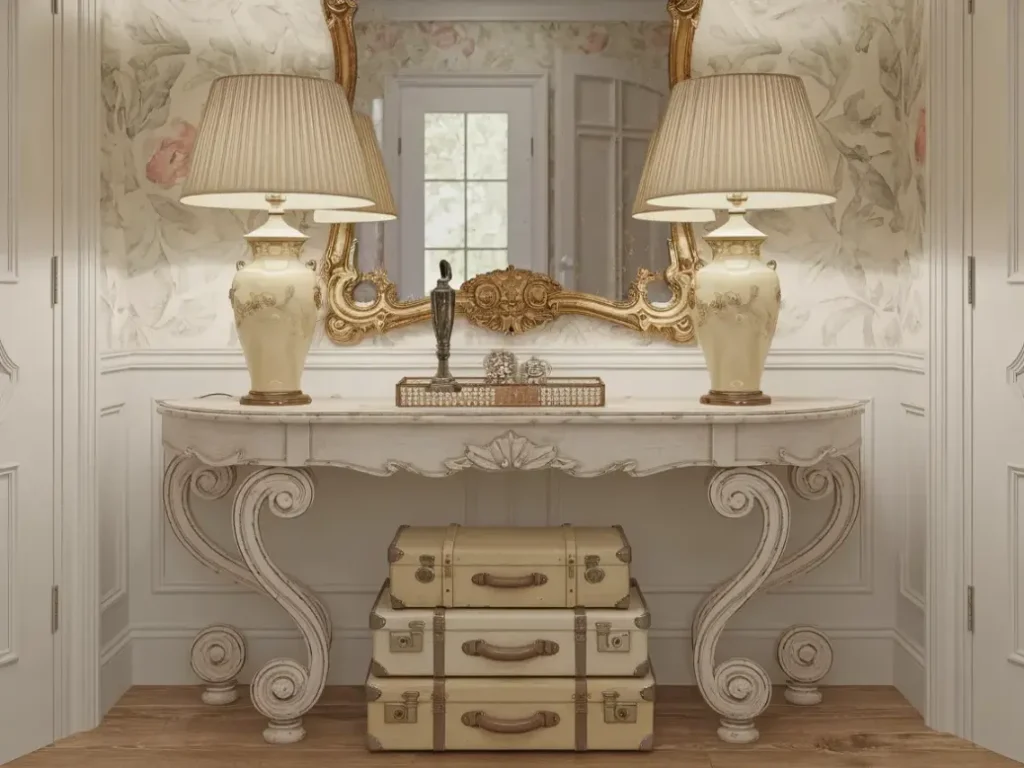  distressed white console table with ornate