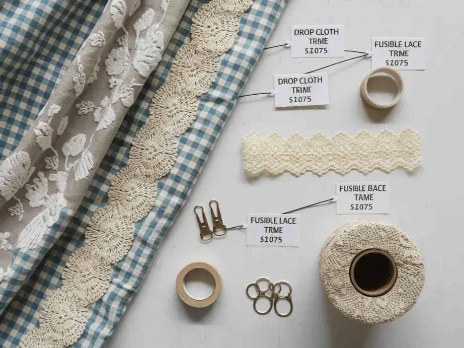 flat lay showing budget-friendly shabby chic curtain materials