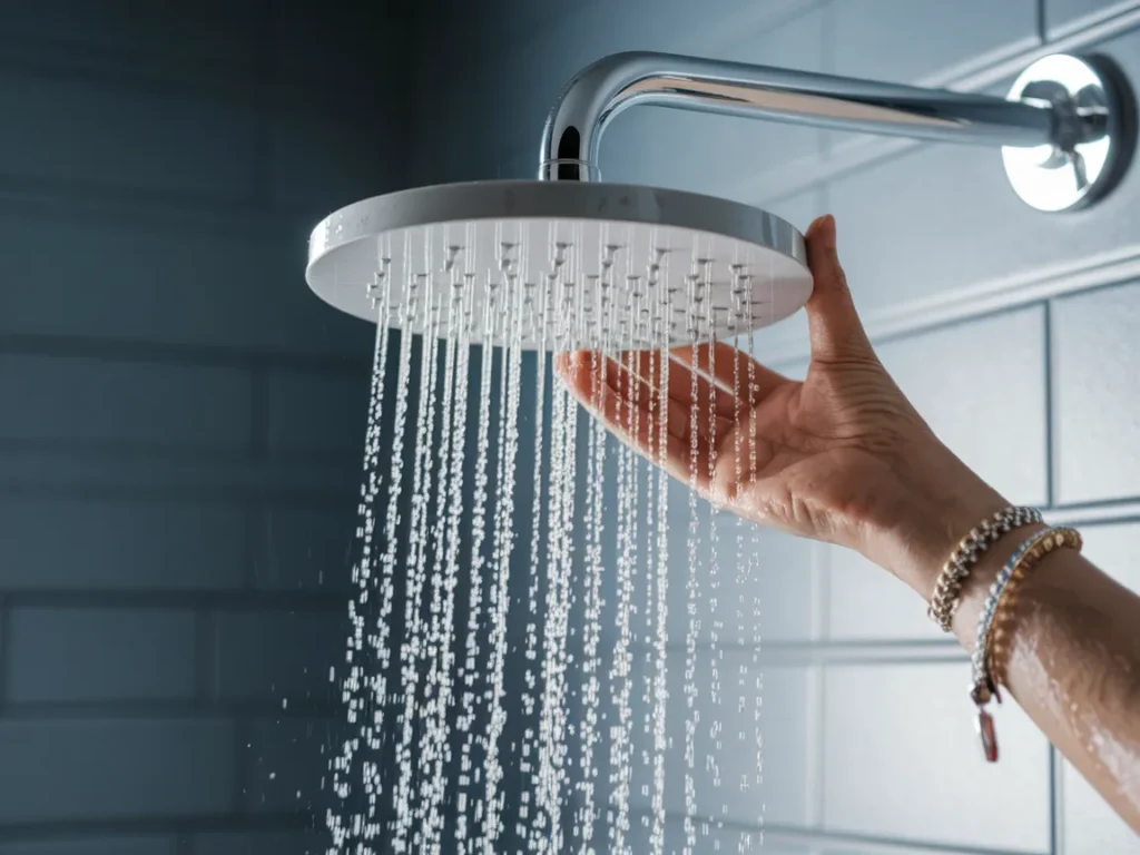 gleaming new rainfall showerhead being hand-tightened