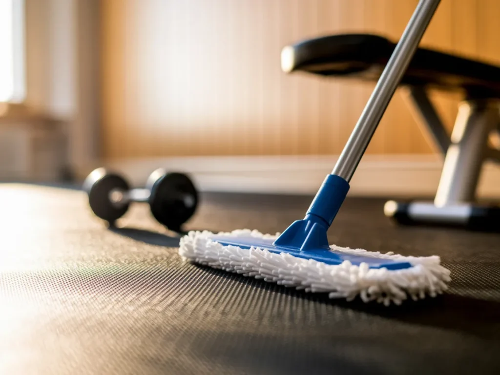 gym rubber flooring being cleaned with mop
