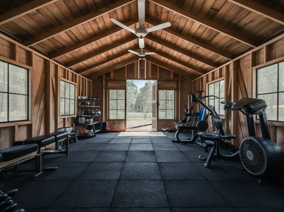 gym shed with fan for airflow, clean compact gym setup