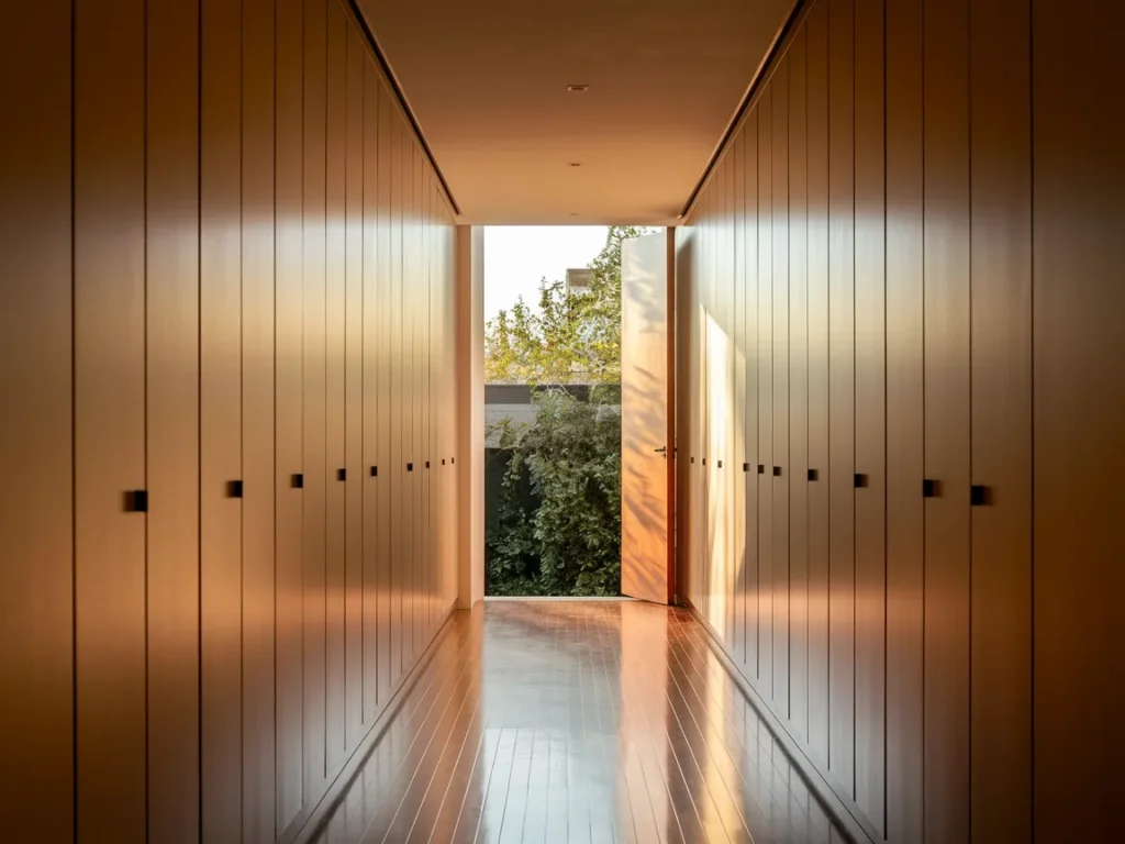 hallway with built-in storage cabinets