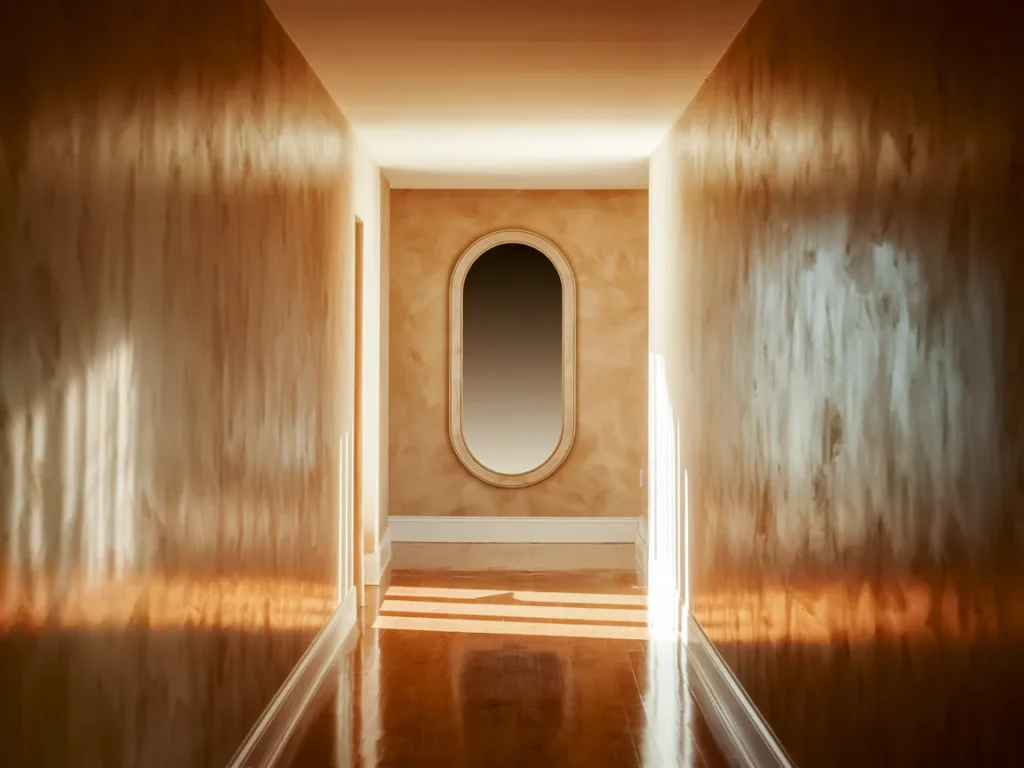  hallway with large wall mirror reflecting light,