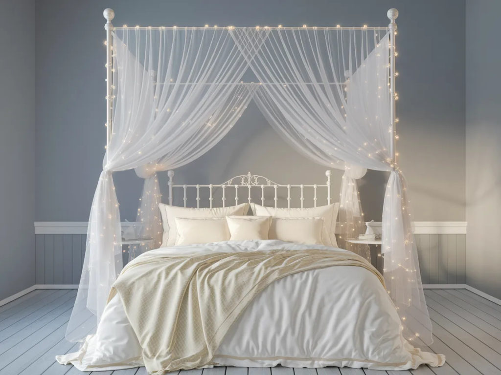 dreamy bedroom with a white iron four-poster