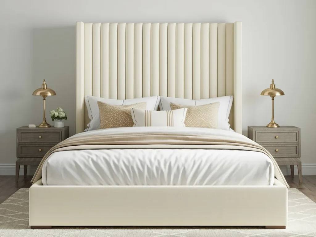 king-size bed with a tall, cream-colored channel-tufted 