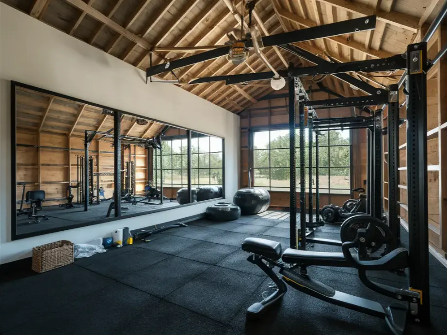 large wall mirror reflecting rack area