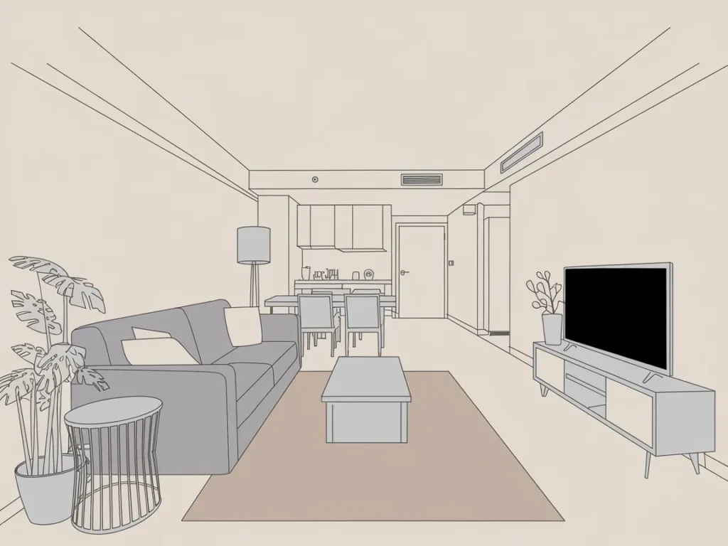 living room drawing with all furniture aligned along one wall