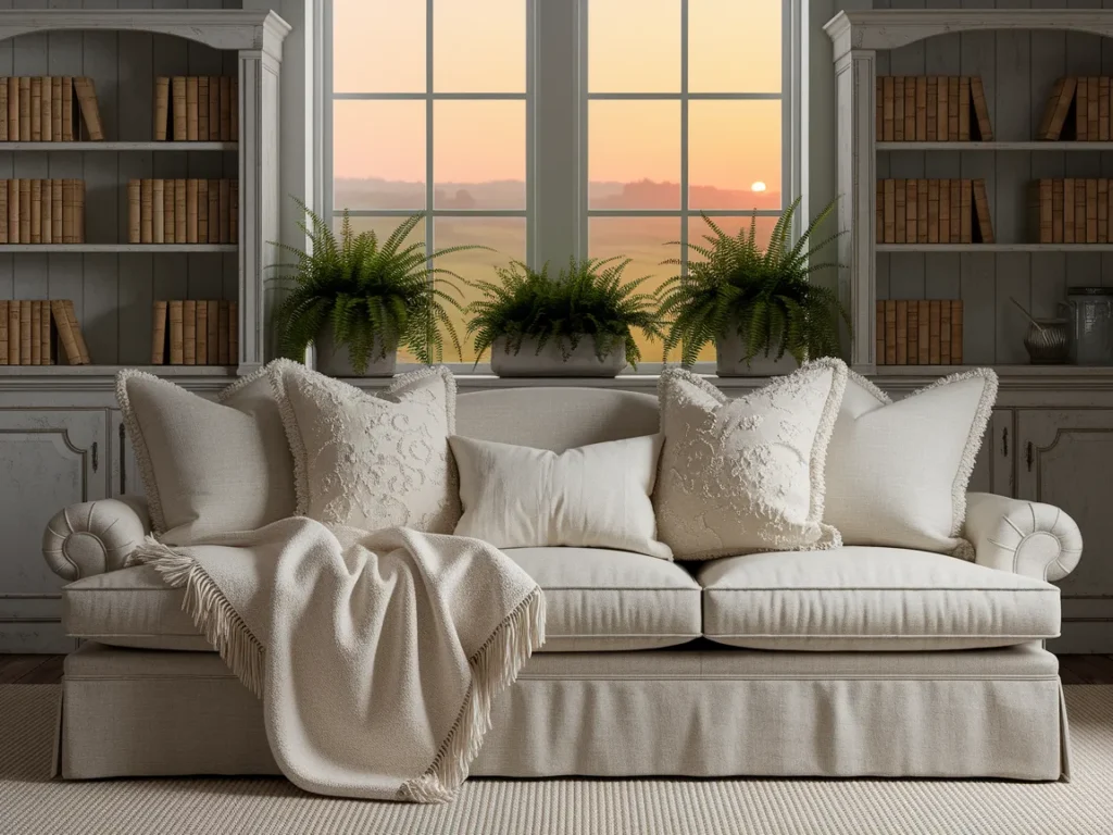 living room sofa with cozy throw blanket