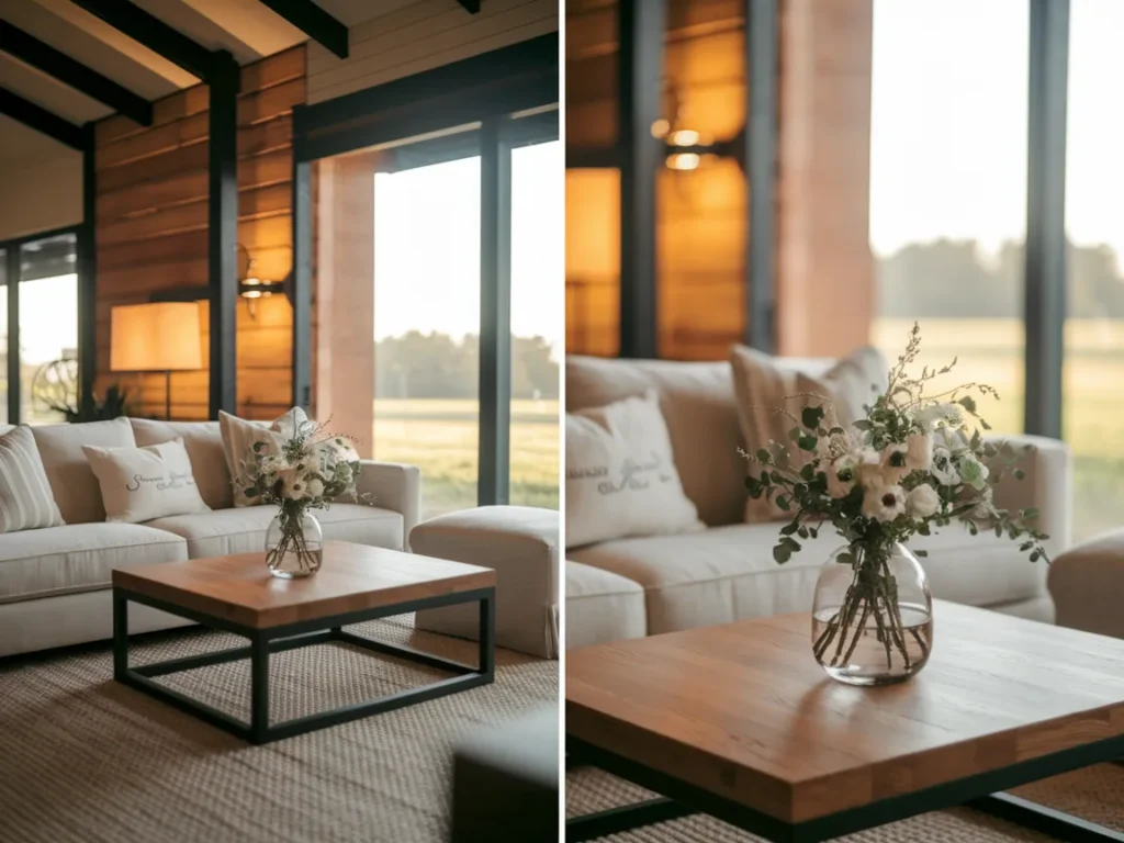 living room with black metal accents