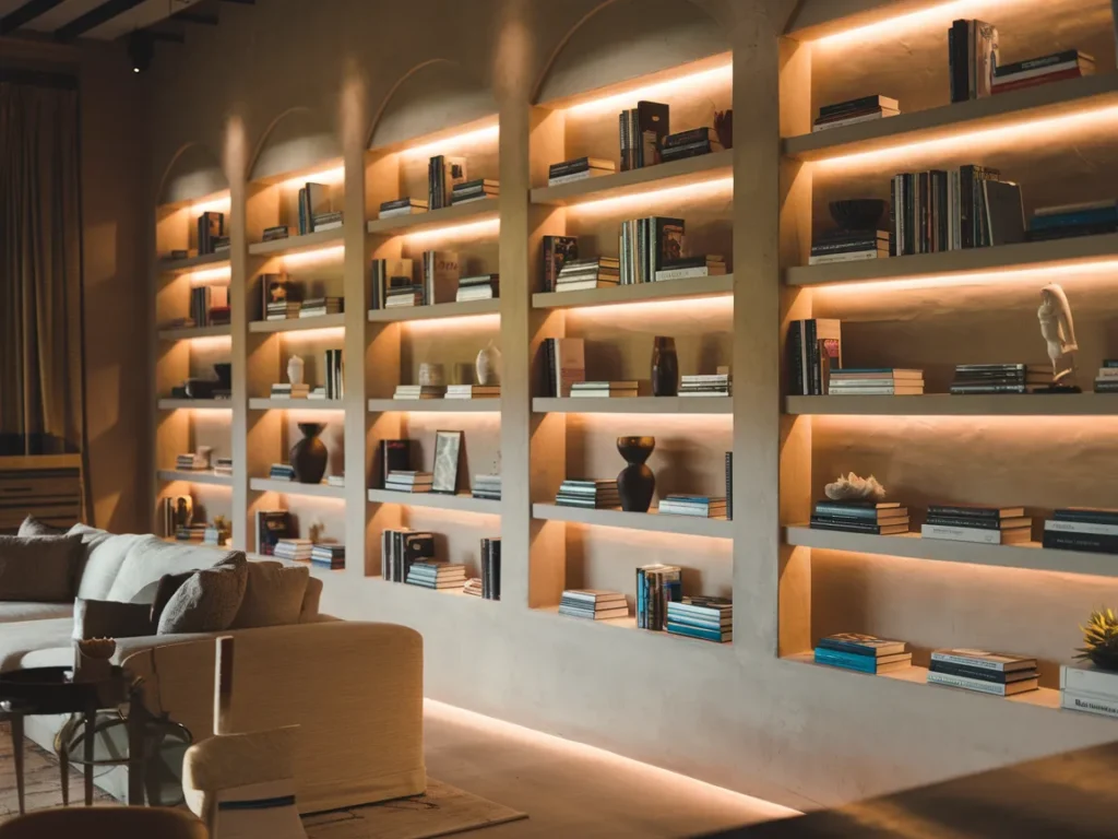 living room with built-in shelving along wall