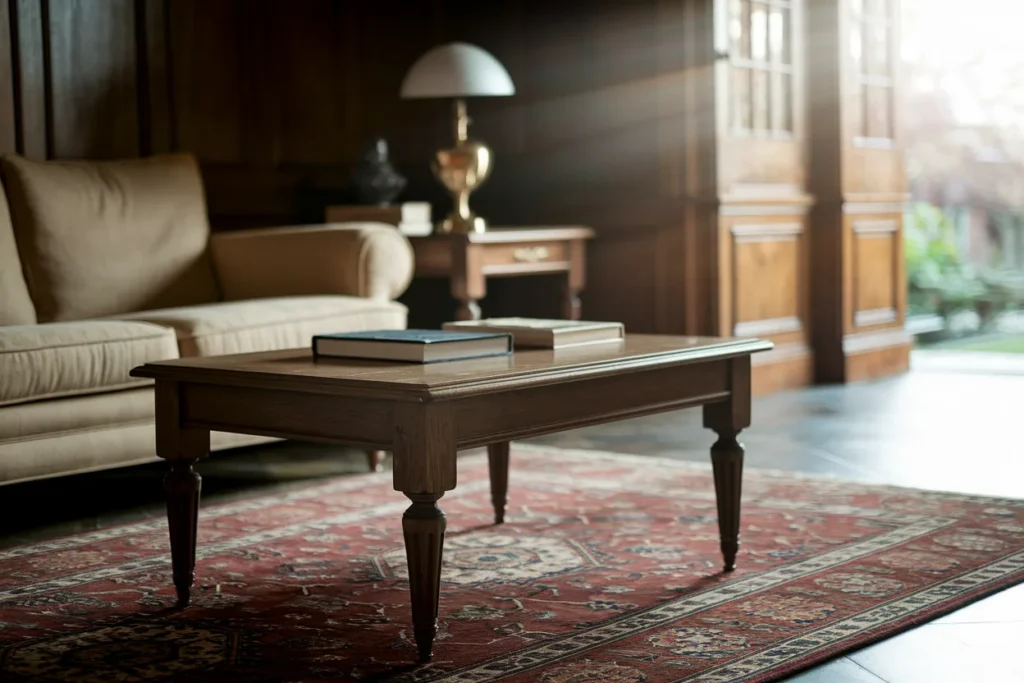living room with classic wood coffee table