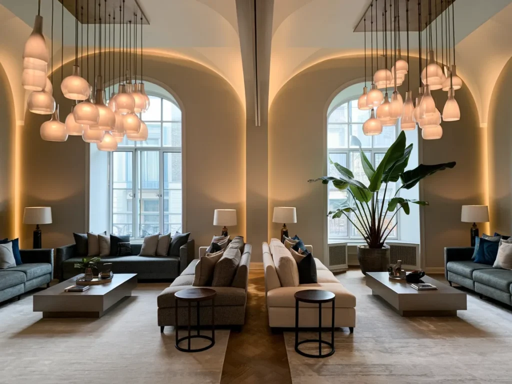 living room with mixed seating heights