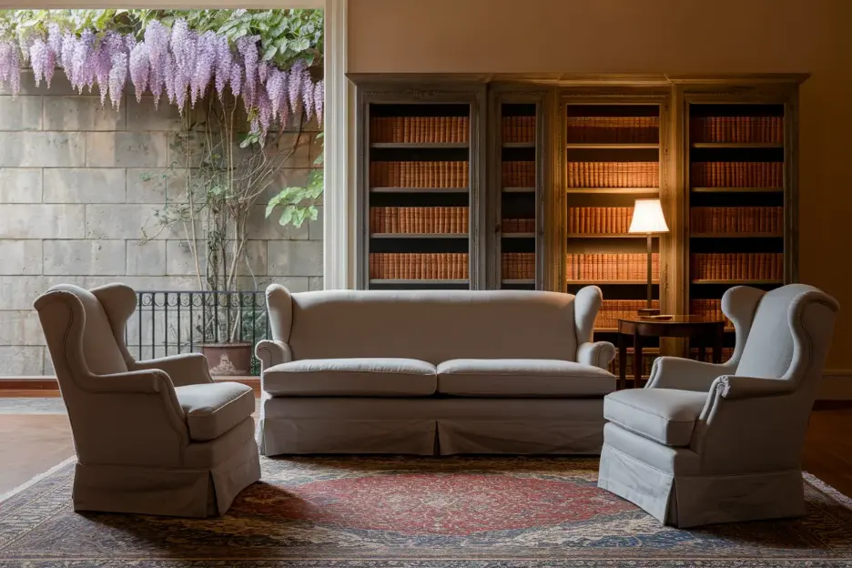 living room with curved accent chairs facing sofa