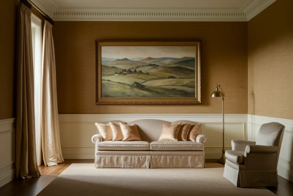 living room with large framed artwork above sofa