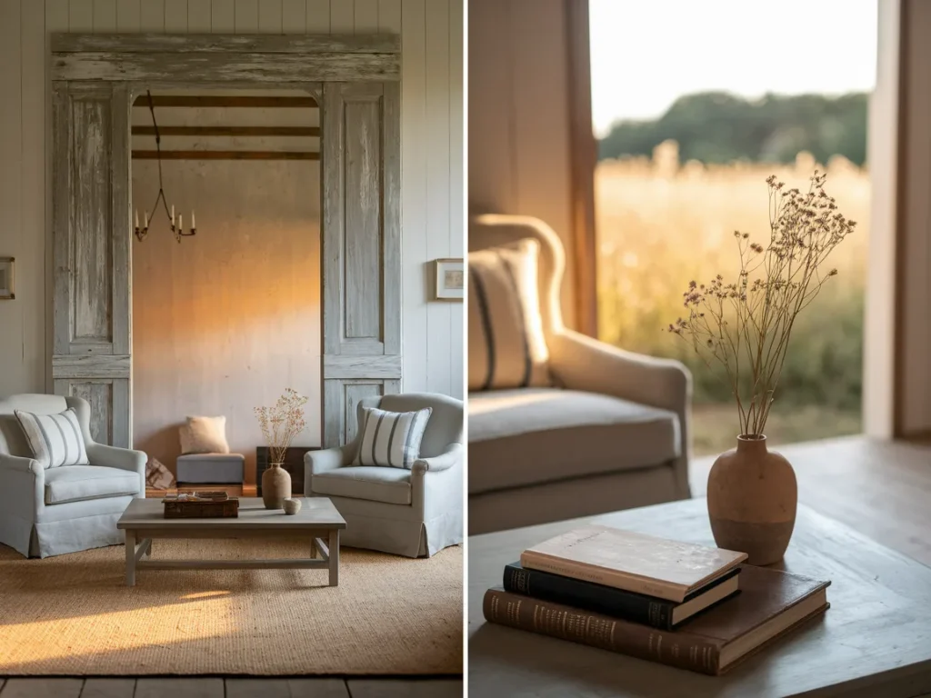 living room with large rustic mirror