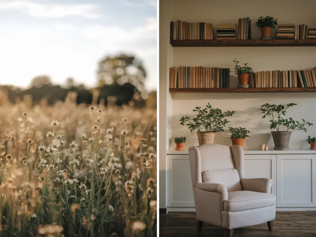 living room with open shelves