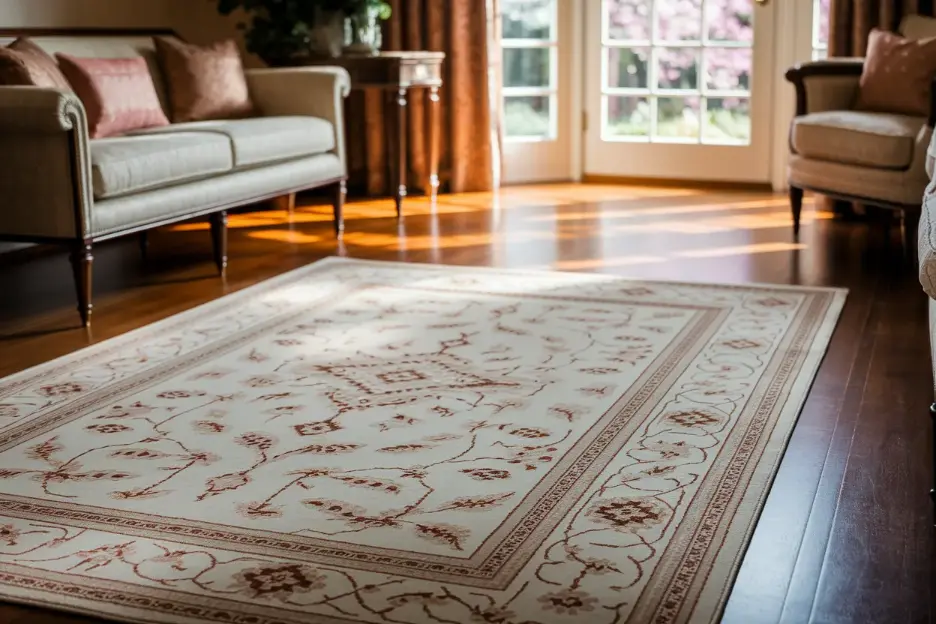living room with patterned area rug in soft tones
