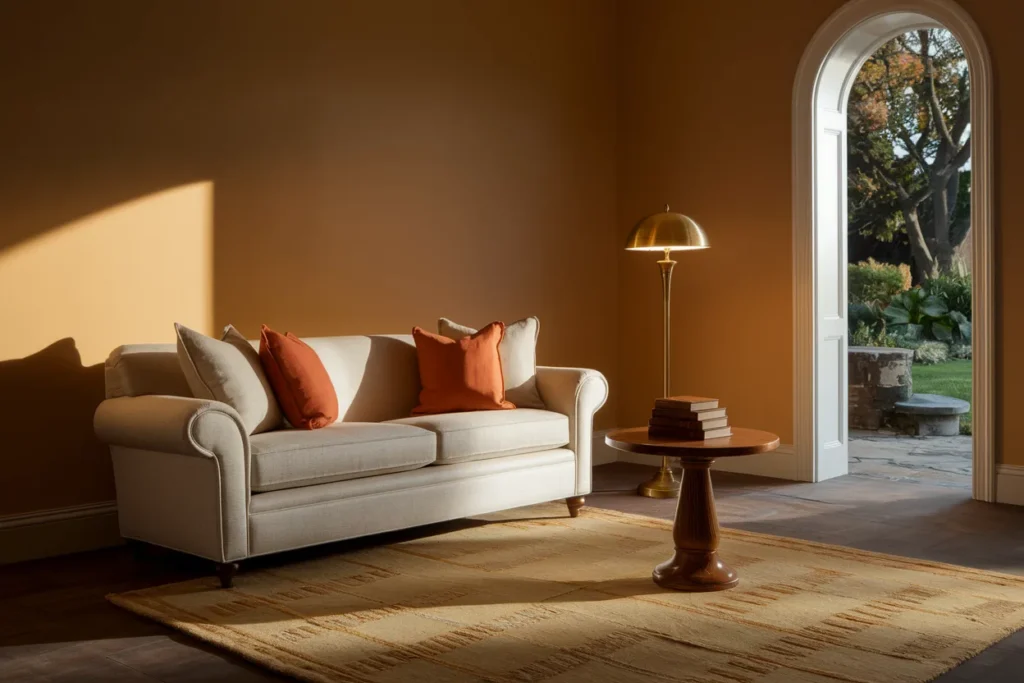 living room with rolled arm sofa