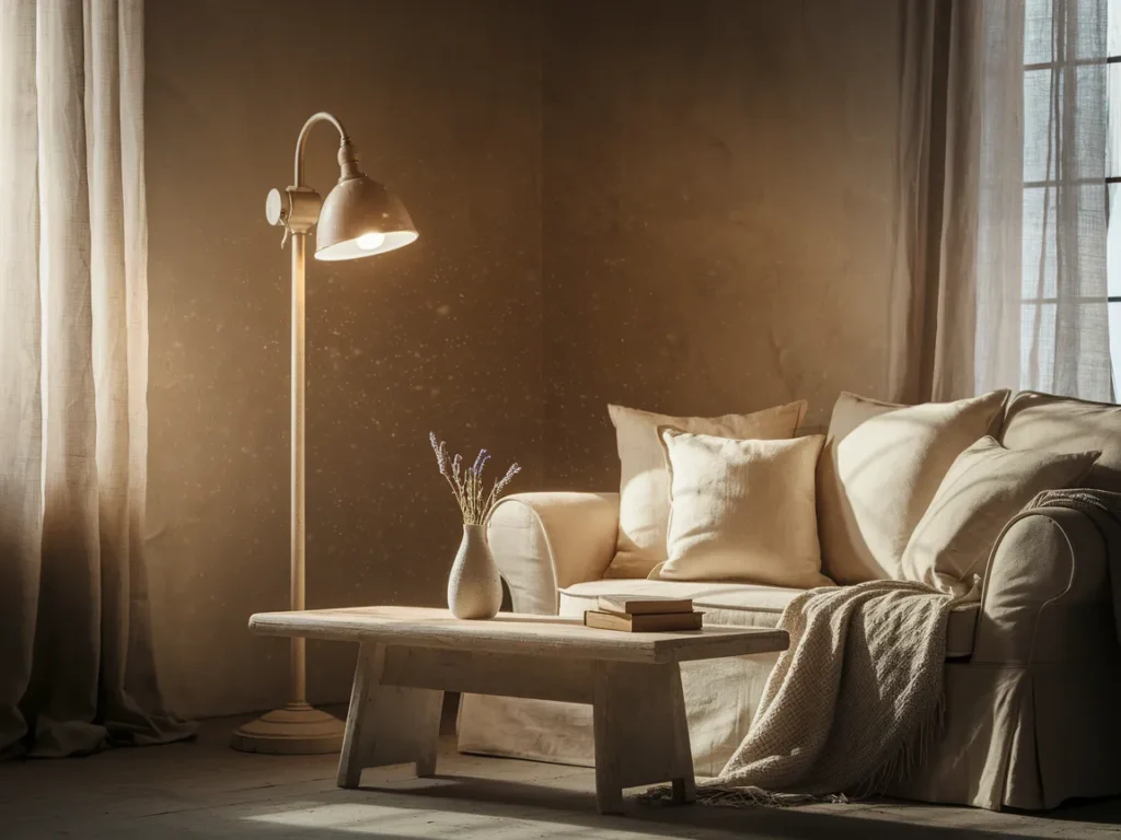 living room with warm lamp lighting