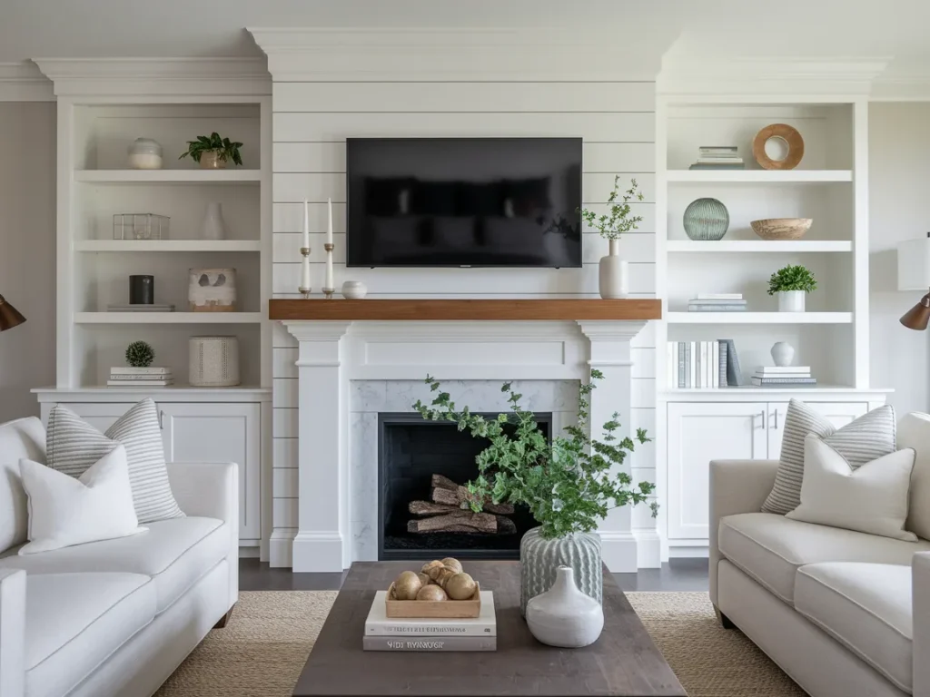 mantel with TV styled with low decor pieces
