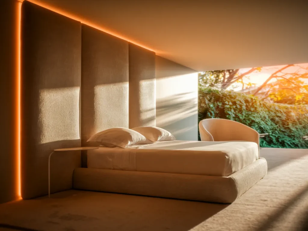 master bedroom with large statement headboard