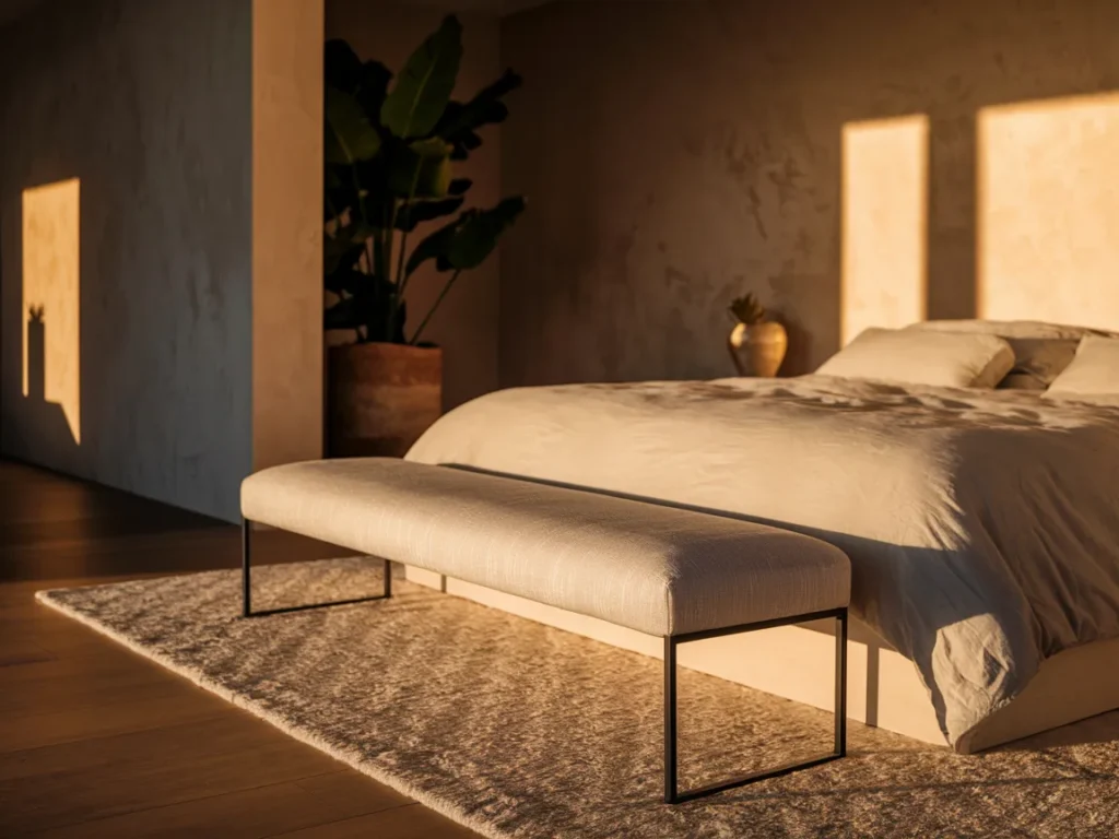 master bedroom with slim bench at foot of bed