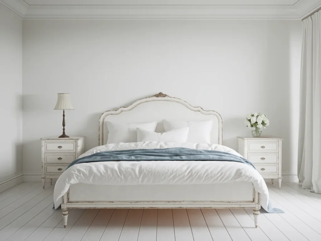 minimalist shabby chic bedroom with white walls