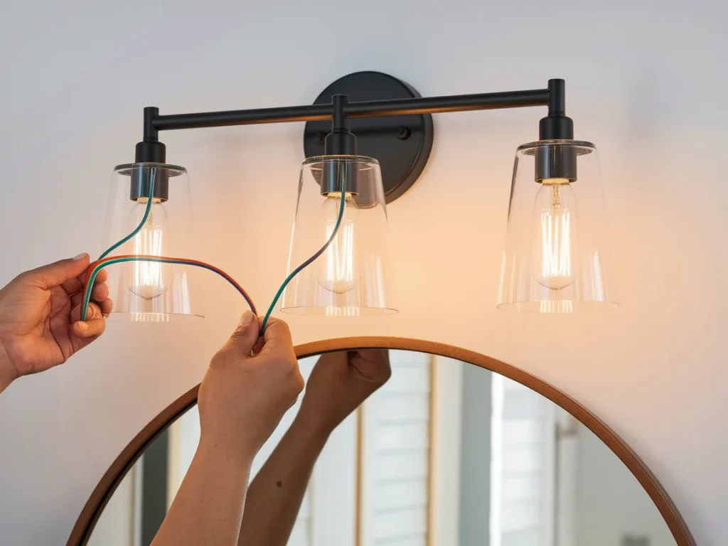 modern three-light vanity fixture being installed above 