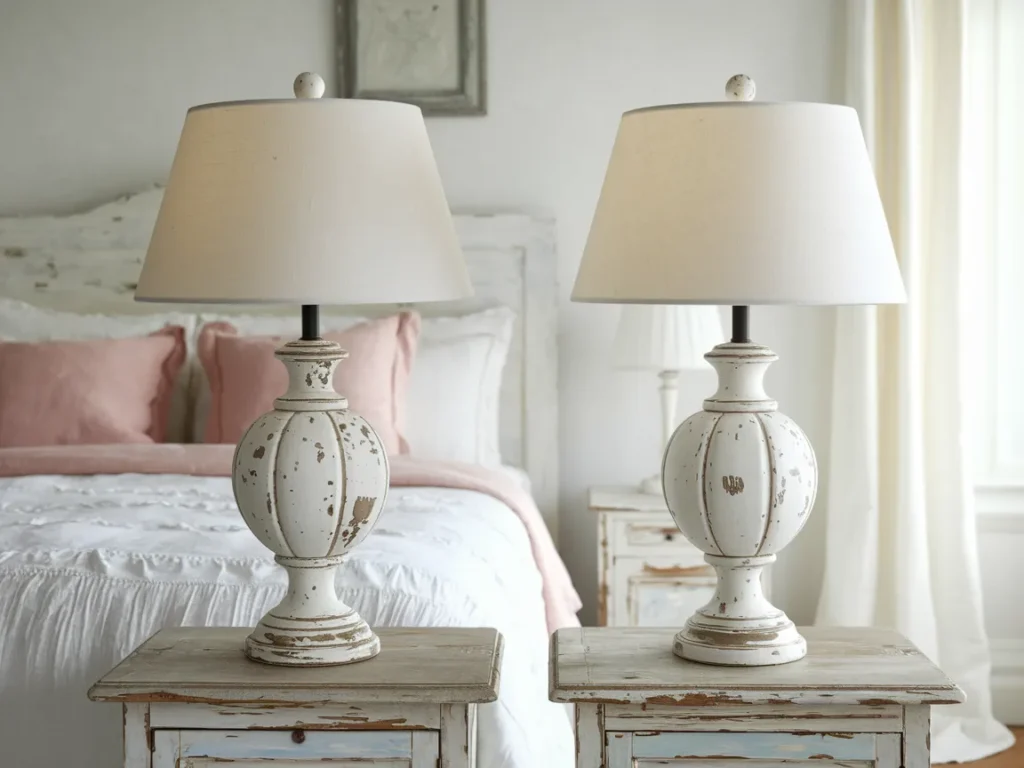 pair of matching distressed white shabby chic table 