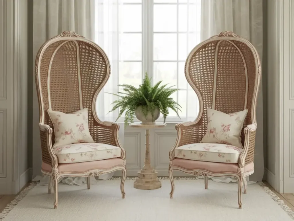 pair of vintage French cane-back chairs with carved wooden 