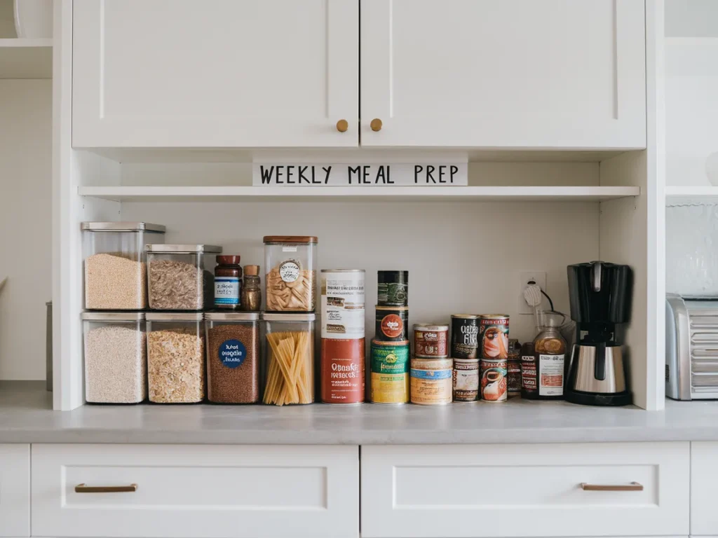 pantry shelf labeled for weekly meal prep
