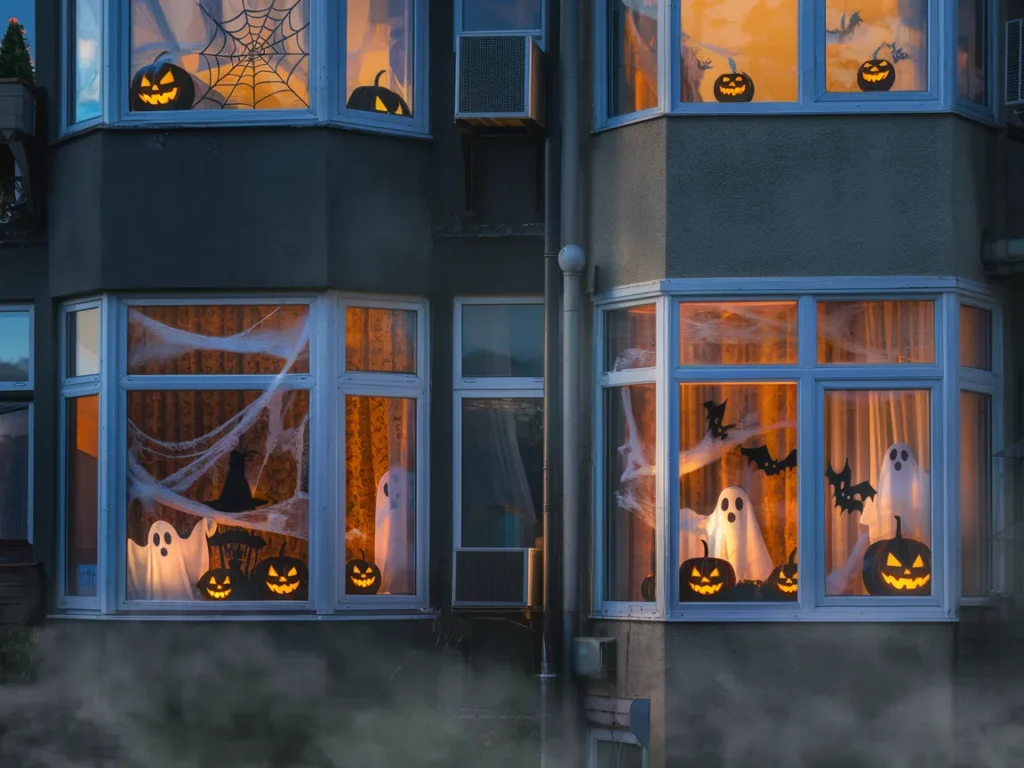 partment windows decorated for Halloween